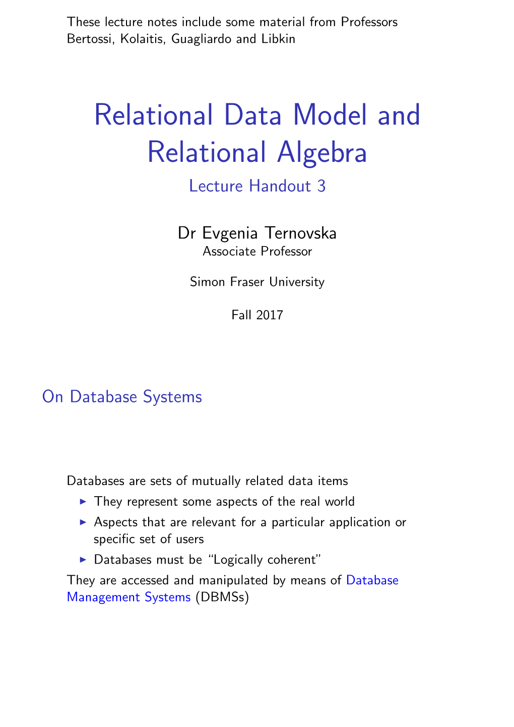 Relational Data Model and Relational Algebra Lecture Handout 3