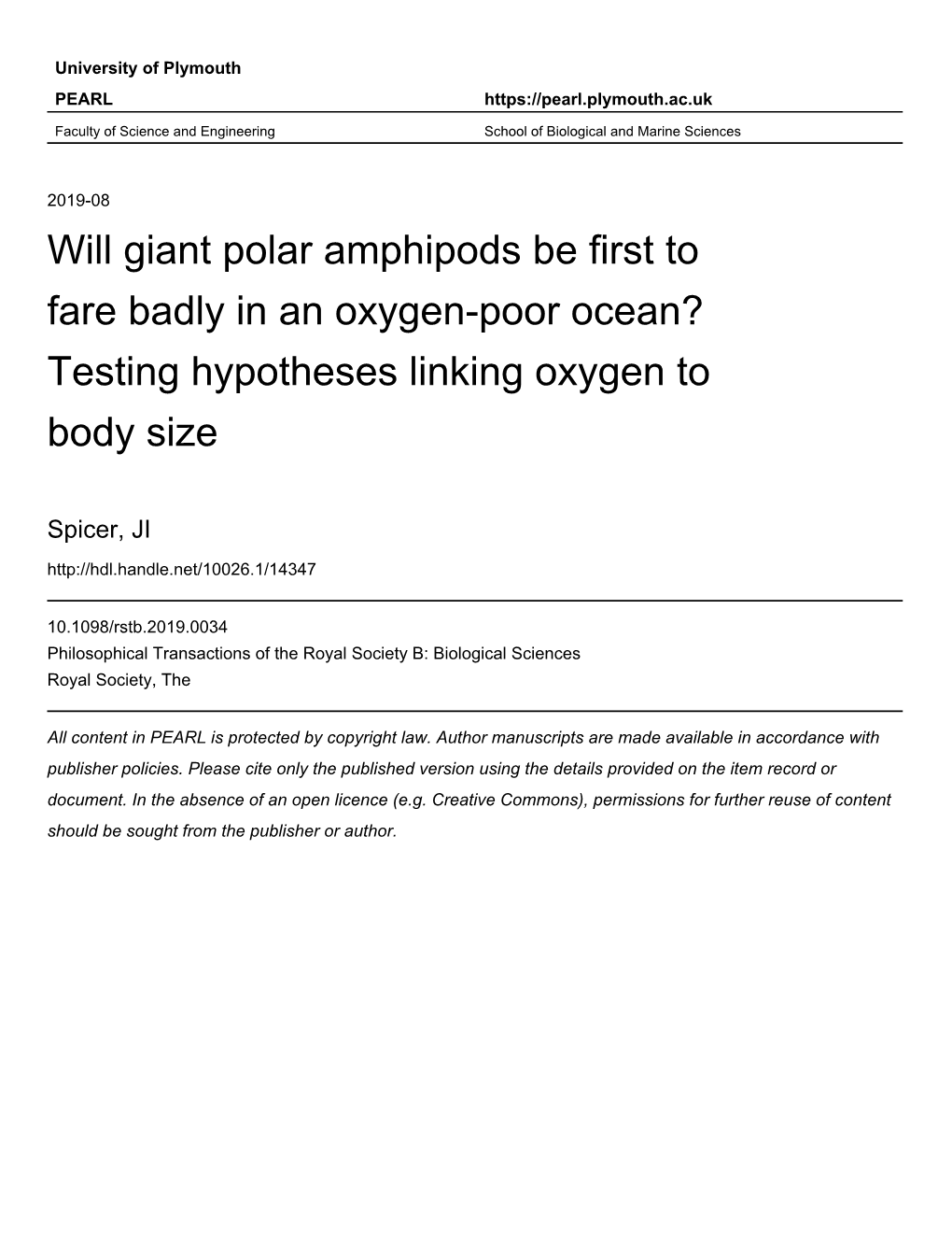 Will Giant Polar Amphipods Be First to Fare Badly in an Oxygen-Poor Ocean? Testing Hypotheses Linking Oxygen to Body Size