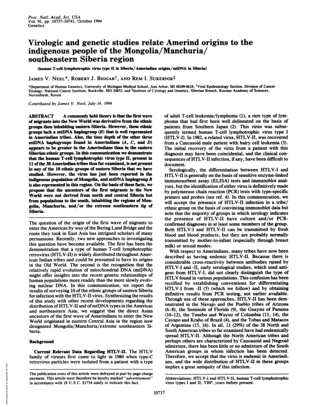 Virologic and Genetic Studies Relate Amerind Origins to the Indigenous