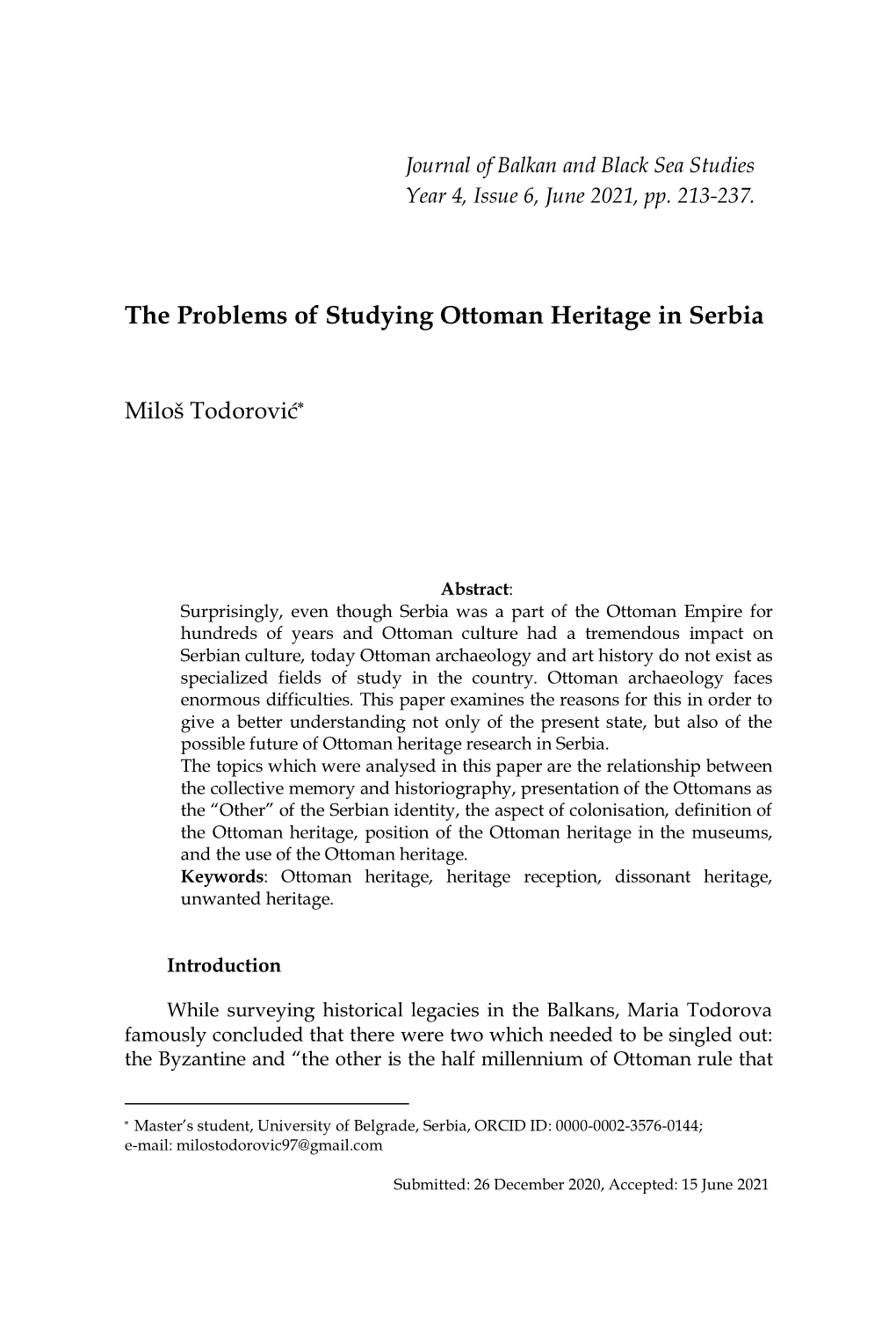 The Problems of Studying Ottoman Heritage in Serbia