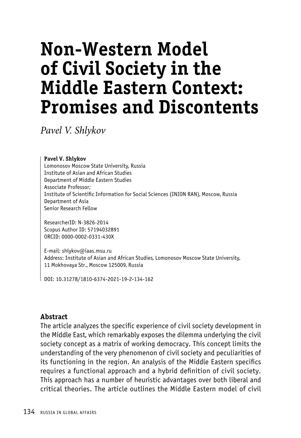 Non-Western Model of Civil Society in the Middle Eastern Context: Promises and Discontents Pavel V