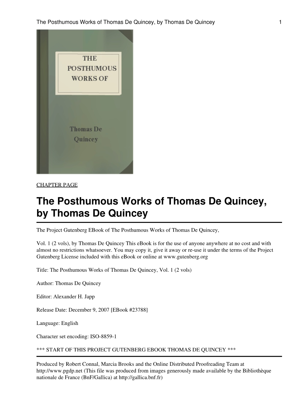 The Posthumous Works of Thomas De Quincey, Vol. 1 (2 Vols)