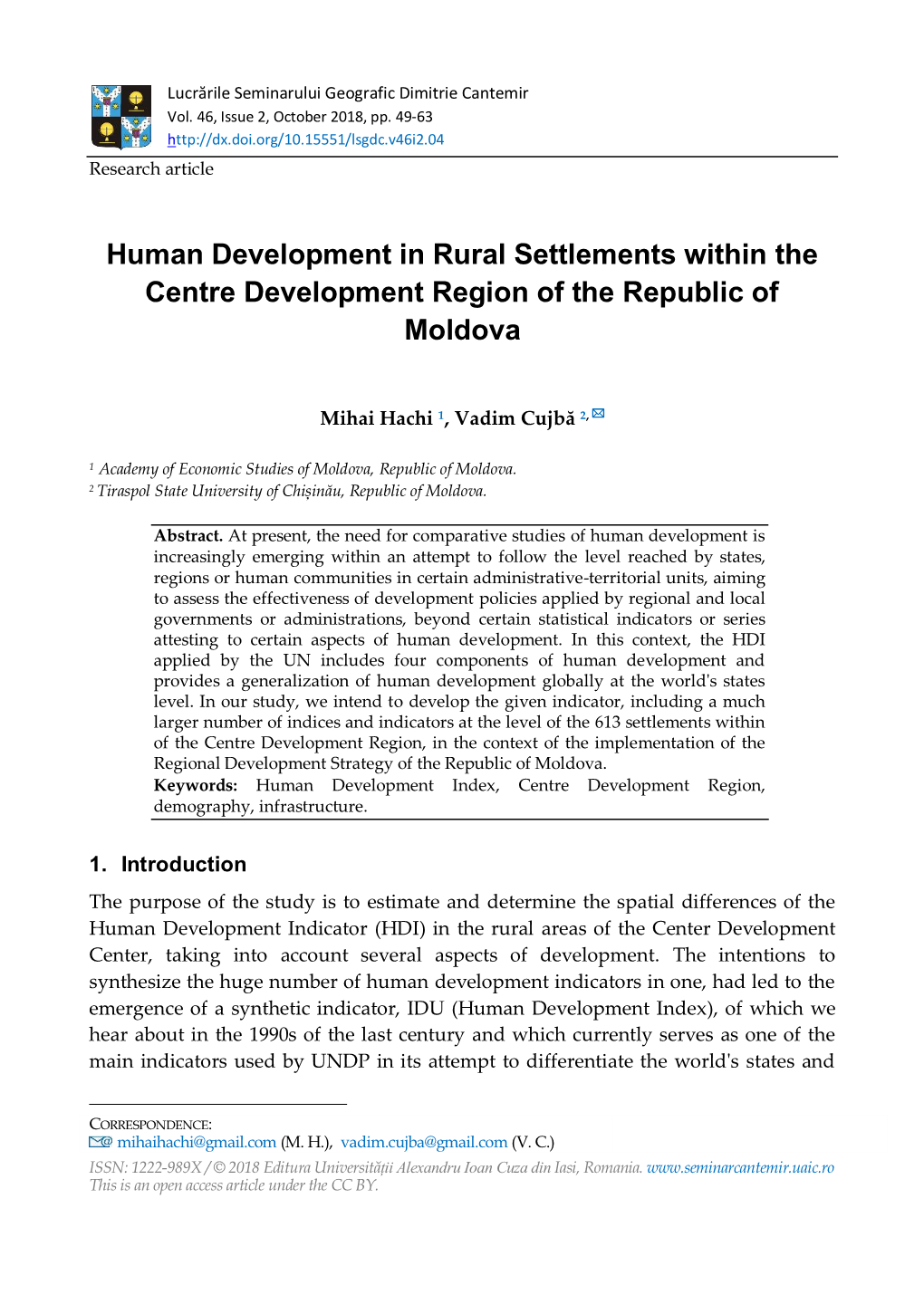 Human Development in Rural Settlements Within the Centre Development Region of the Republic of Moldova