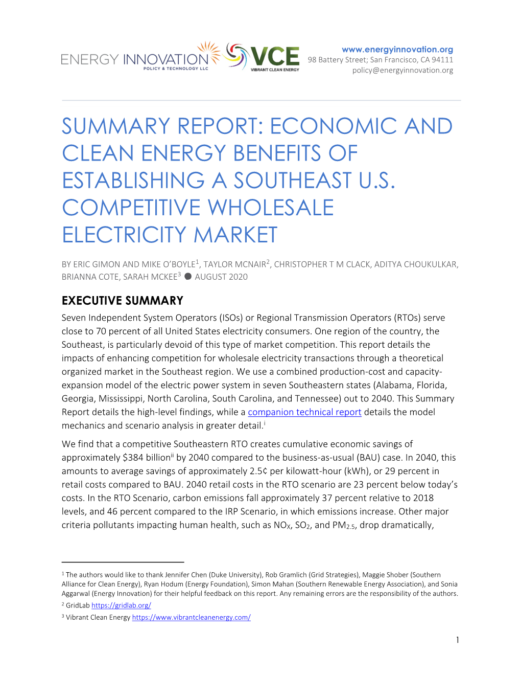 Summary Report: Economic and Clean Energy Benefits of Establishing a Southeast U.S. Competitive Wholesale Electricity Market