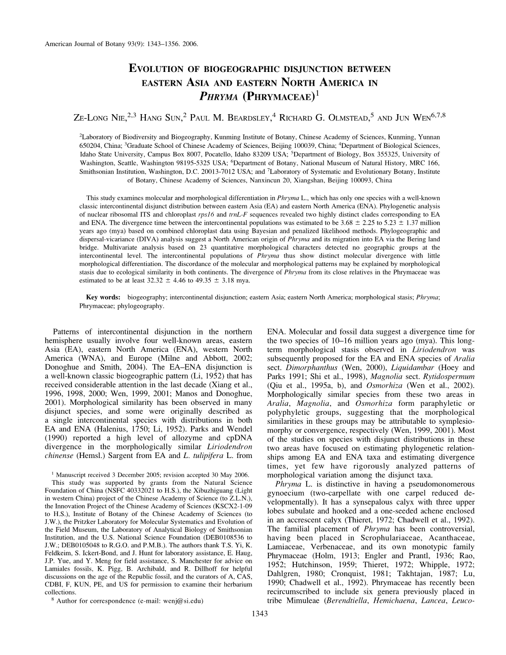 Evolution of Biogeographic Disjunction Between Eastern Asia and Eastern North America in Phryma (Phrymaceae)1