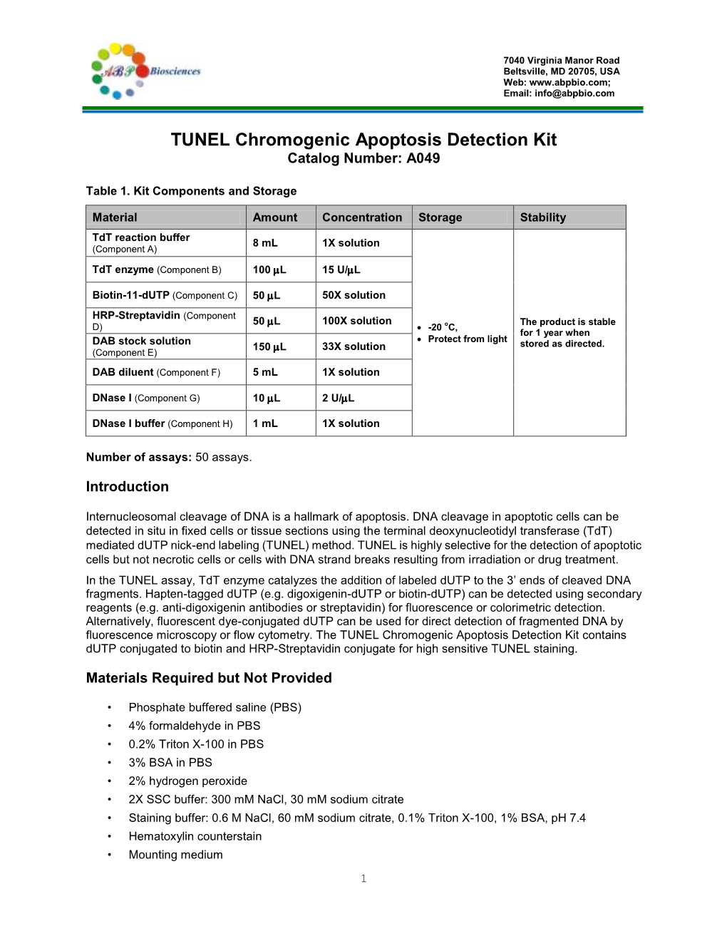 TUNEL Chromogenic Apoptosis Detection Kit Catalog Number: A049