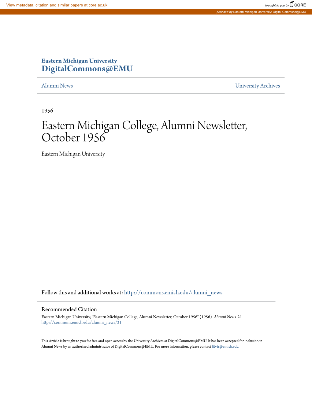 Eastern Michigan College, Alumni Newsletter, October 1956 Eastern Michigan University