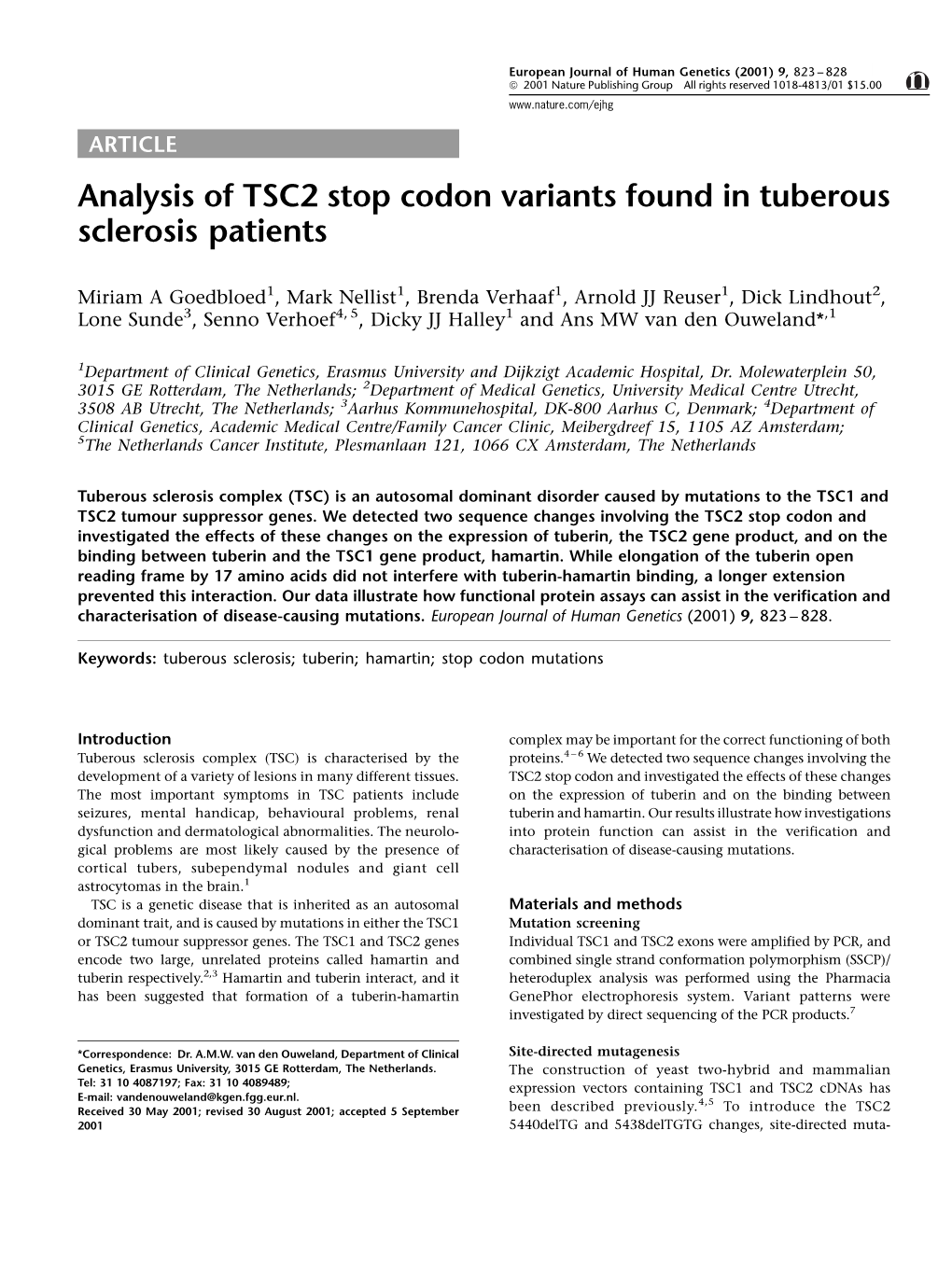 Analysis of TSC2 Stop Codon Variants Found in Tuberous Sclerosis Patients
