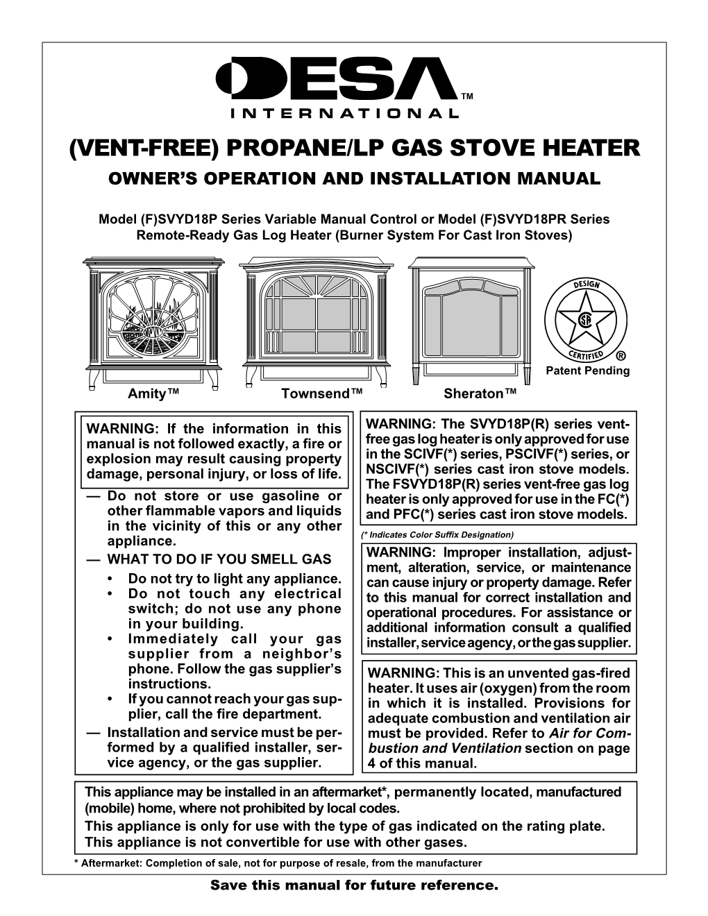 Propane/Lp Gas Stove Heater Owner’S Operation and Installation Manual