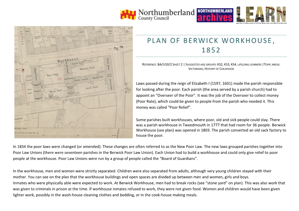 Plan of Berwick Workhouse, 1852