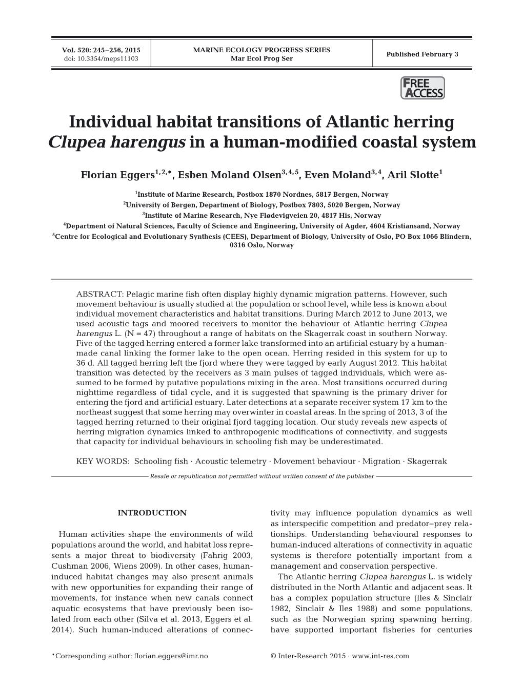 Individual Habitat Transitions of Atlantic Herring Clupea Harengus in a Human-Modified Coastal System