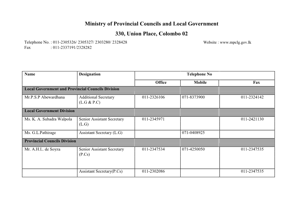 Ministry of Provincial Councils and Local Government 330, Union