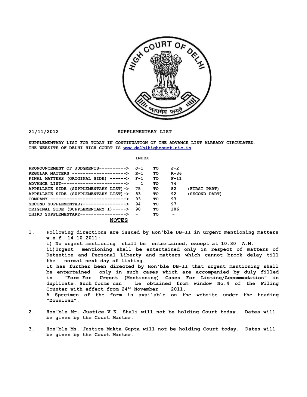 21/11/2012 SUPPLEMENTARY LIST 1. Following Directions Are Issued