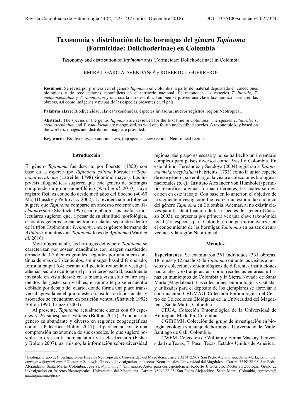 Taxonomía Y Distribución De Las Hormigas Del Género Tapinoma (Formicidae: Dolichoderinae) En Colombia