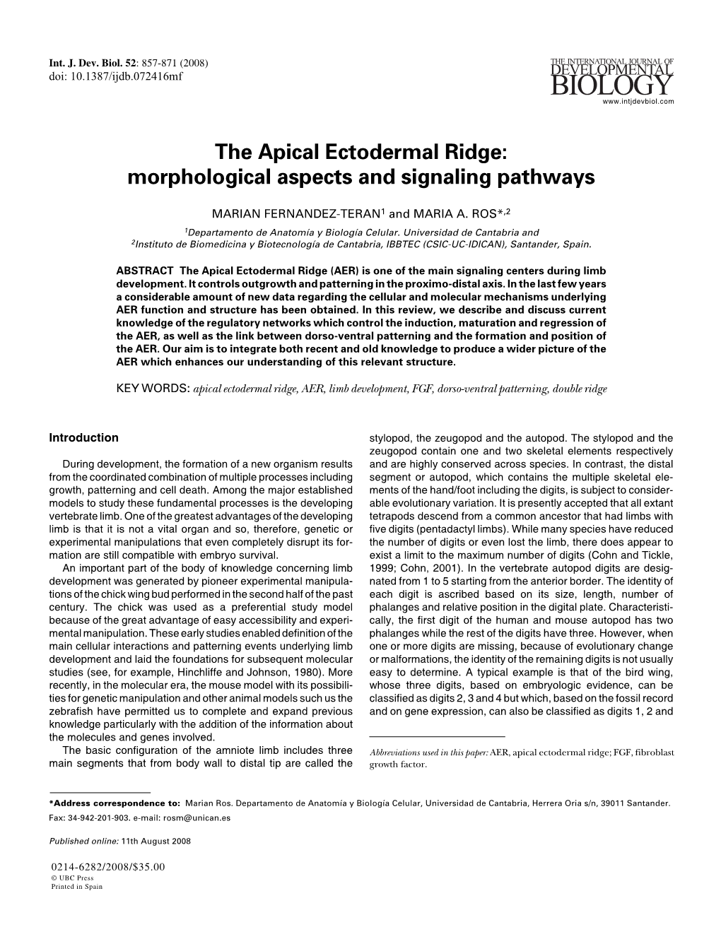 The Apical Ectodermal Ridge: Morphological Aspects and Signaling Pathways