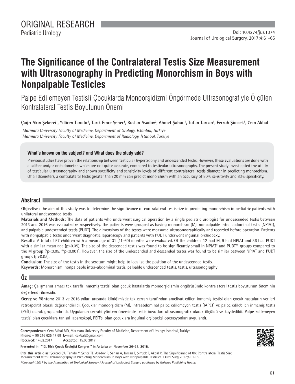 The Significance of the Contralateral Testis Size Measurement With