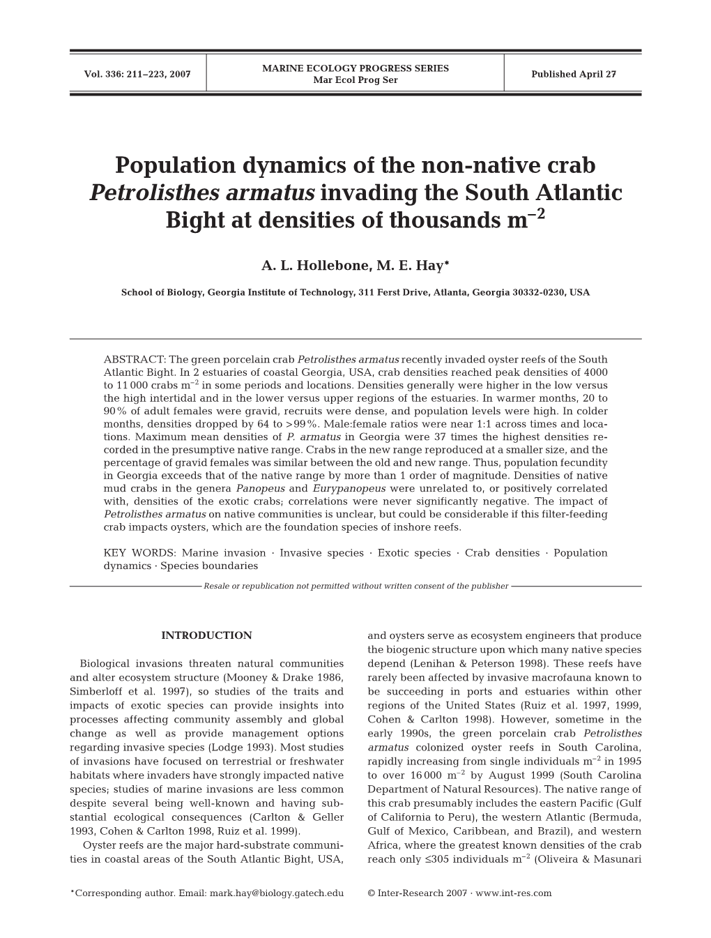Population Dynamics of the Non-Native Crab Petrolisthes Armatus Invading the South Atlantic Bight at Densities of Thousands M–2