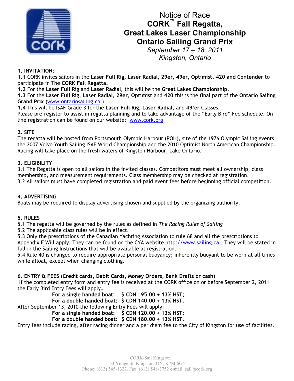 Notice of Race CORK Fall Regatta, Great Lakes Laser Championship