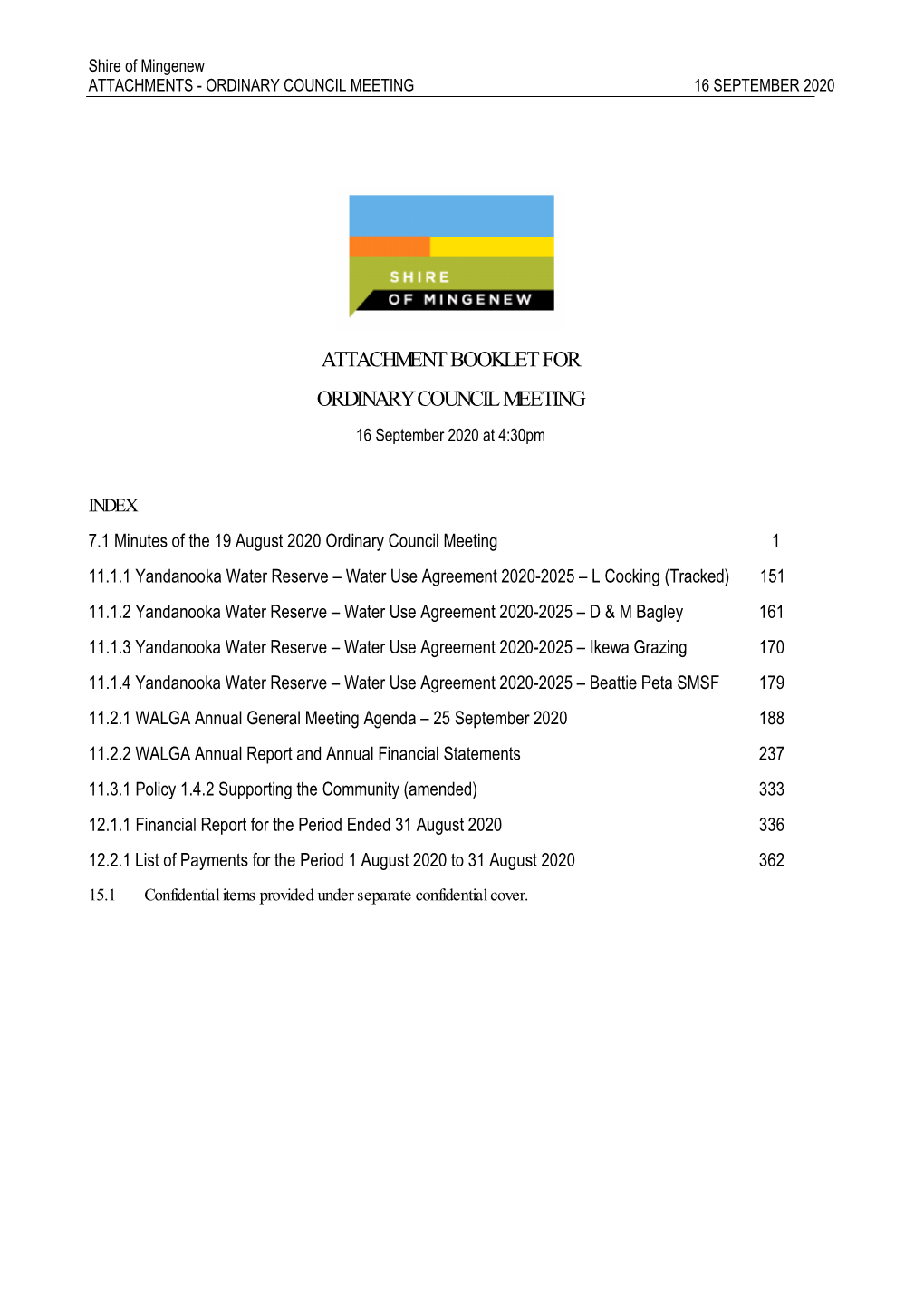 ATTACHMENT BOOKLET for ORDINARY COUNCIL MEETING 16 September 2020 at 4:30Pm