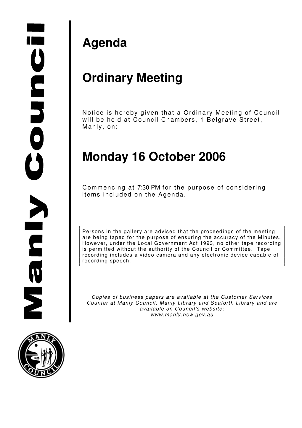 Agenda Ordinary Meeting Monday 16 October 2006