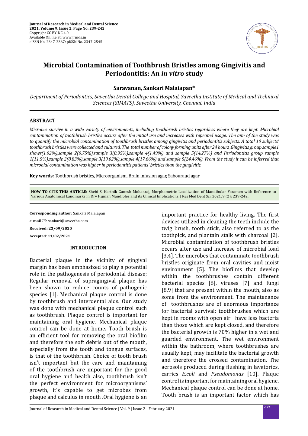 Microbial Contamination of Toothbrush Bristles Among Gingivitis and Periodontitis: an in Vitro Study