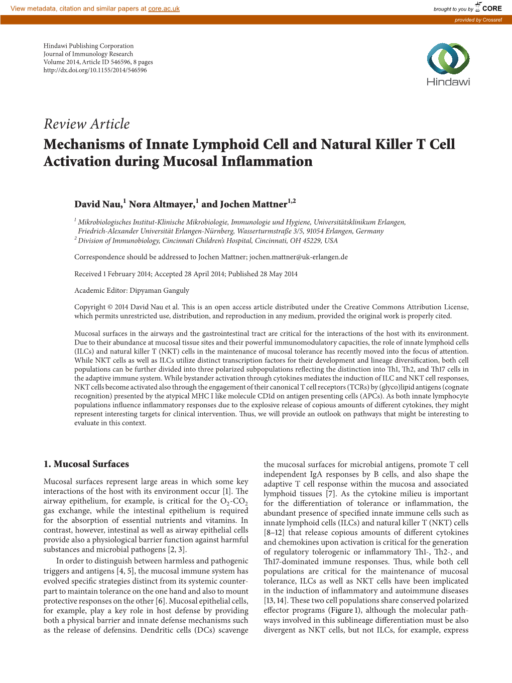 Review Article Mechanisms of Innate Lymphoid Cell and Natural Killer T Cell Activation During Mucosal Inflammation