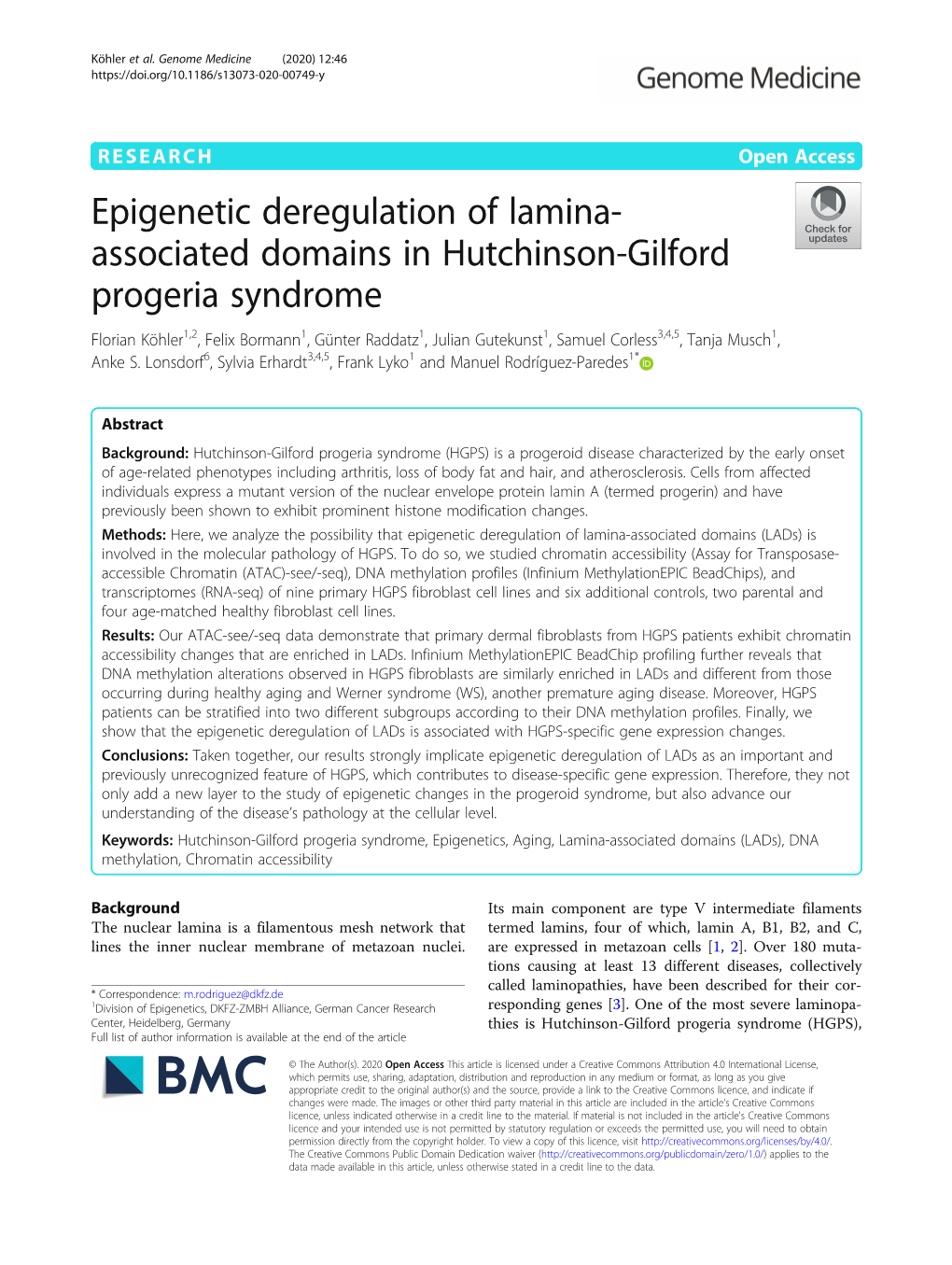 Epigenetic Deregulation of Lamina-Associated Domains in Hutchinson-Gilford Et Al