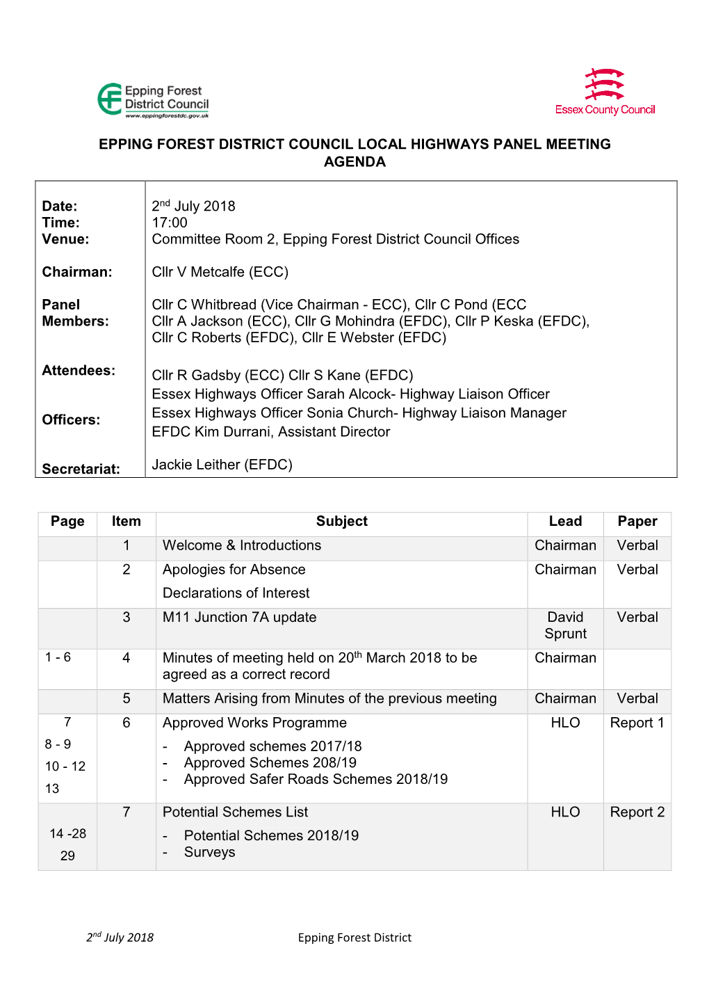 Epping Forest District Council Local Highways Panel Meeting Agenda