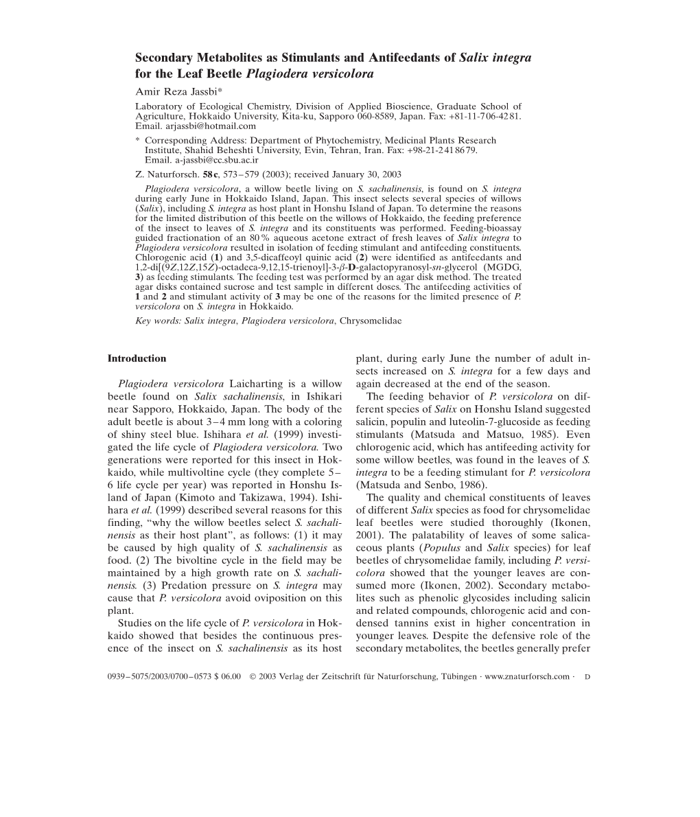 Secondary Metabolites As Stimulants and Antifeedants of Salix Integra For