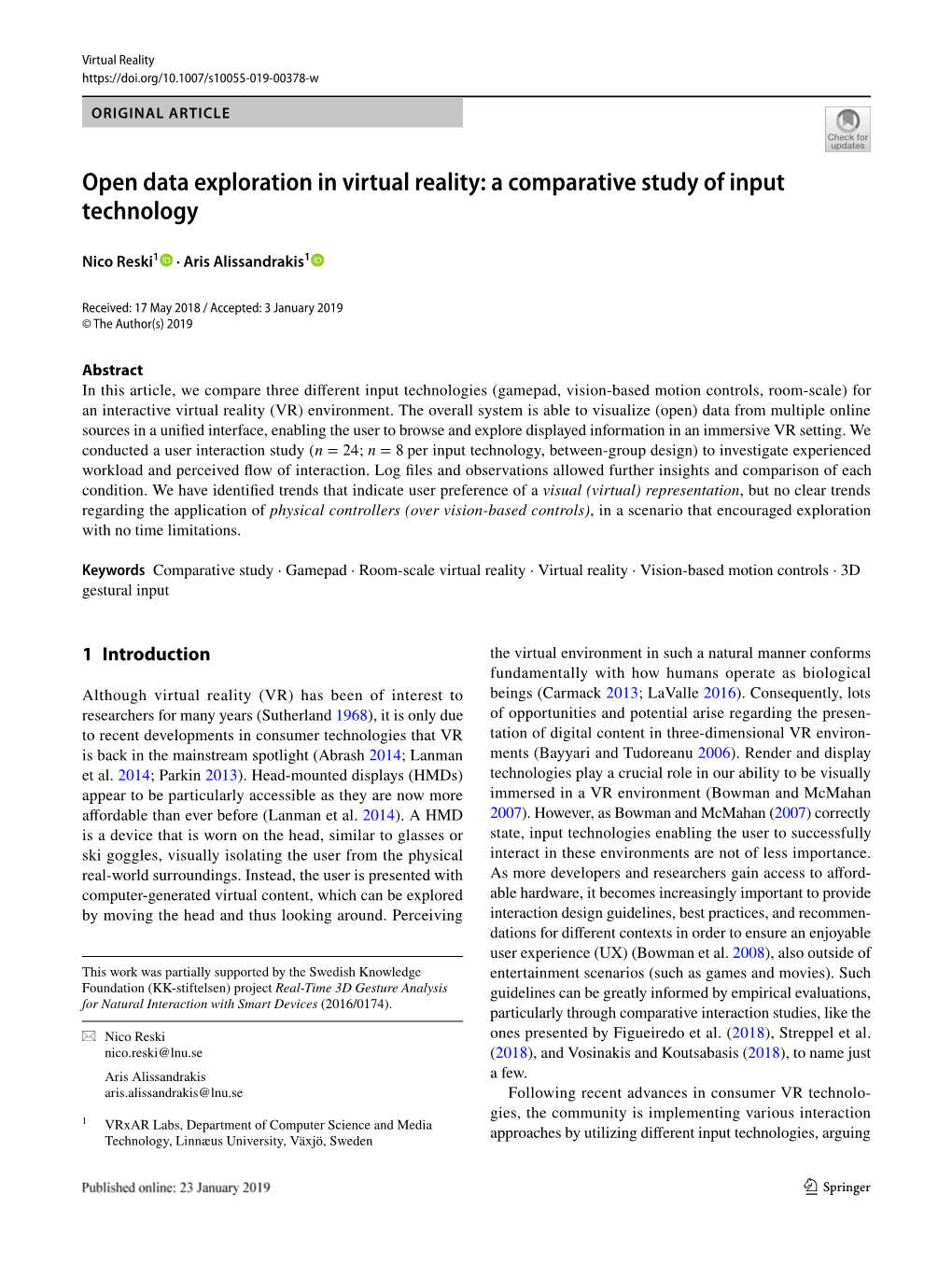 Open Data Exploration in Virtual Reality: a Comparative Study of Input Technology