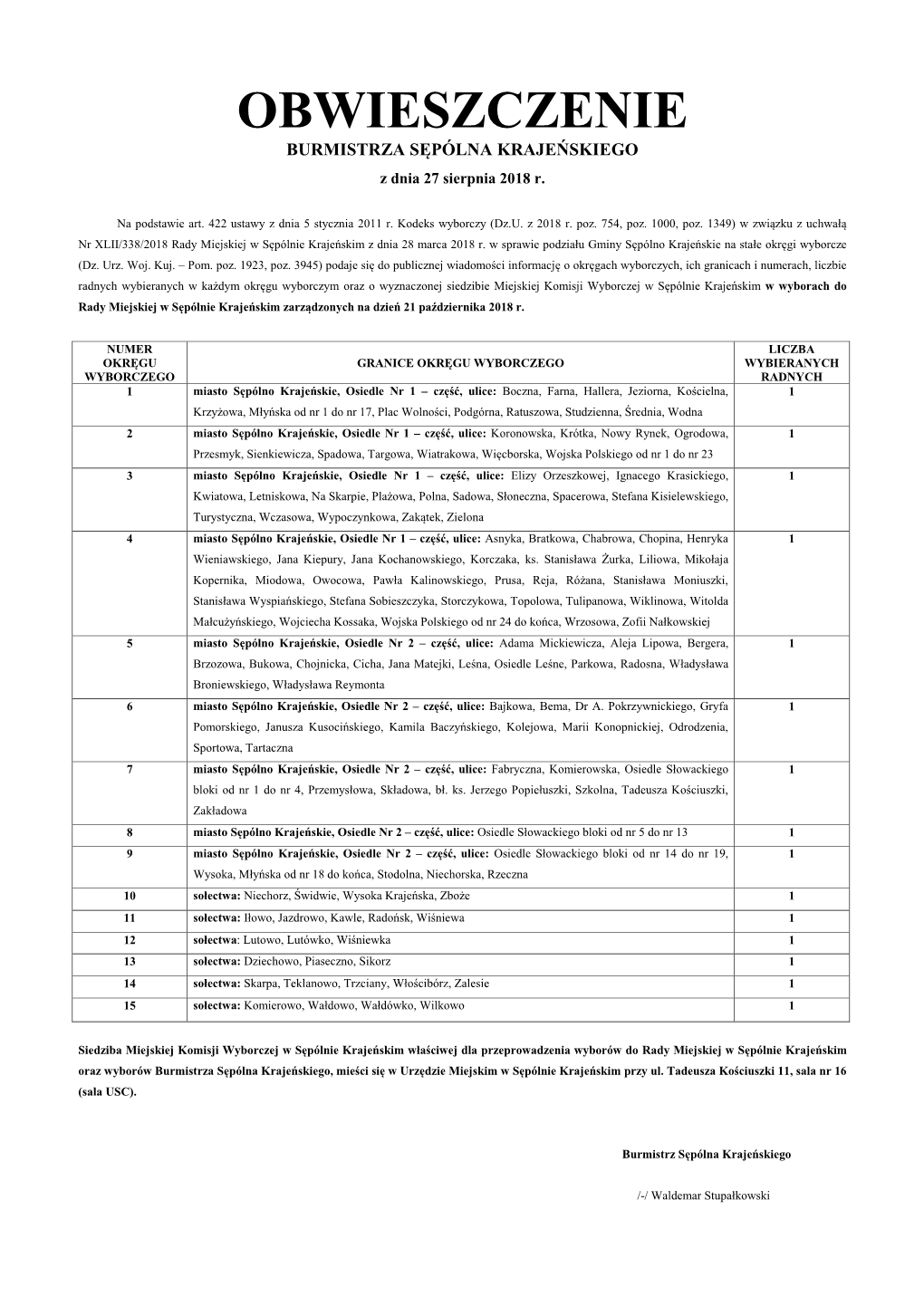 OBWIESZCZENIE BURMISTRZA SĘPÓLNA KRAJEŃSKIEGO Z Dnia 27 Sierpnia 2018 R