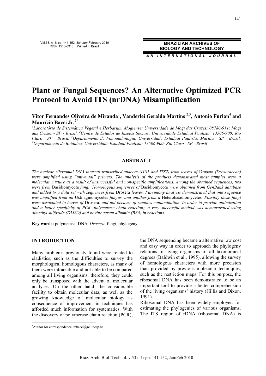 Plant Or Fungal Sequences? an Alternative Optimized PCR Protocol to Avoid ITS (Nrdna) Misamplification