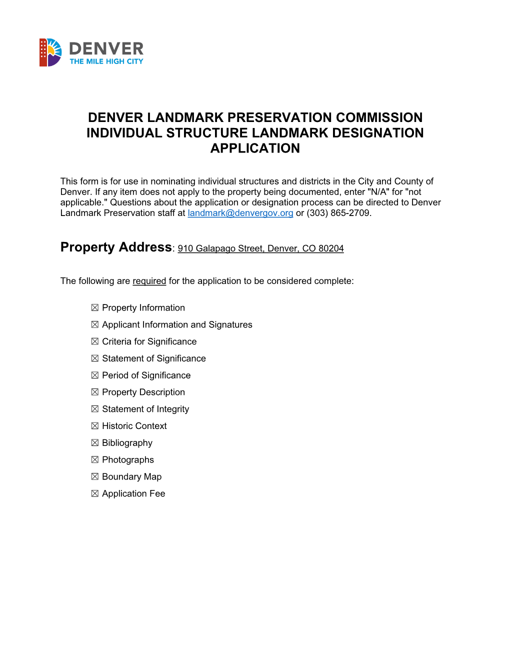 910 Galapago Street Landmark Designation Application