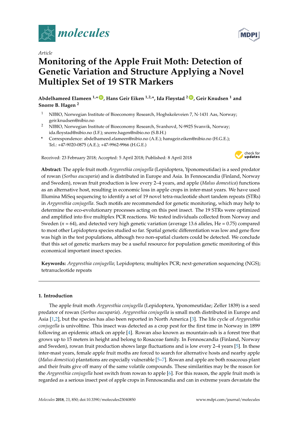 Monitoring of the Apple Fruit Moth: Detection of Genetic Variation and Structure Applying a Novel Multiplex Set of 19 STR Markers