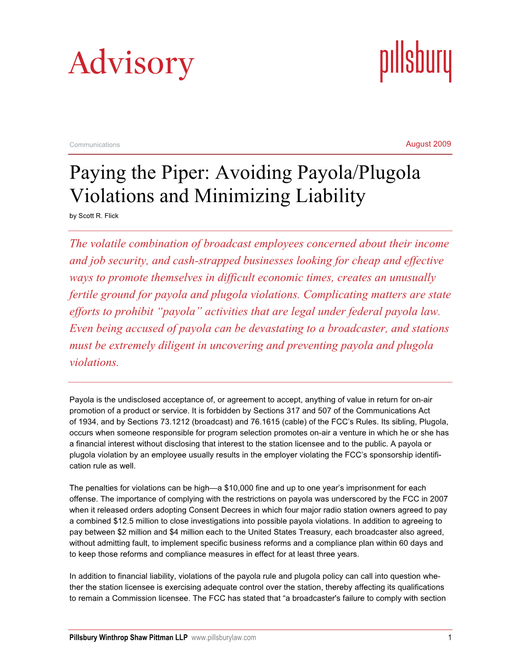 Avoiding Payola/Plugola Violations and Minimizing Liability by Scott R