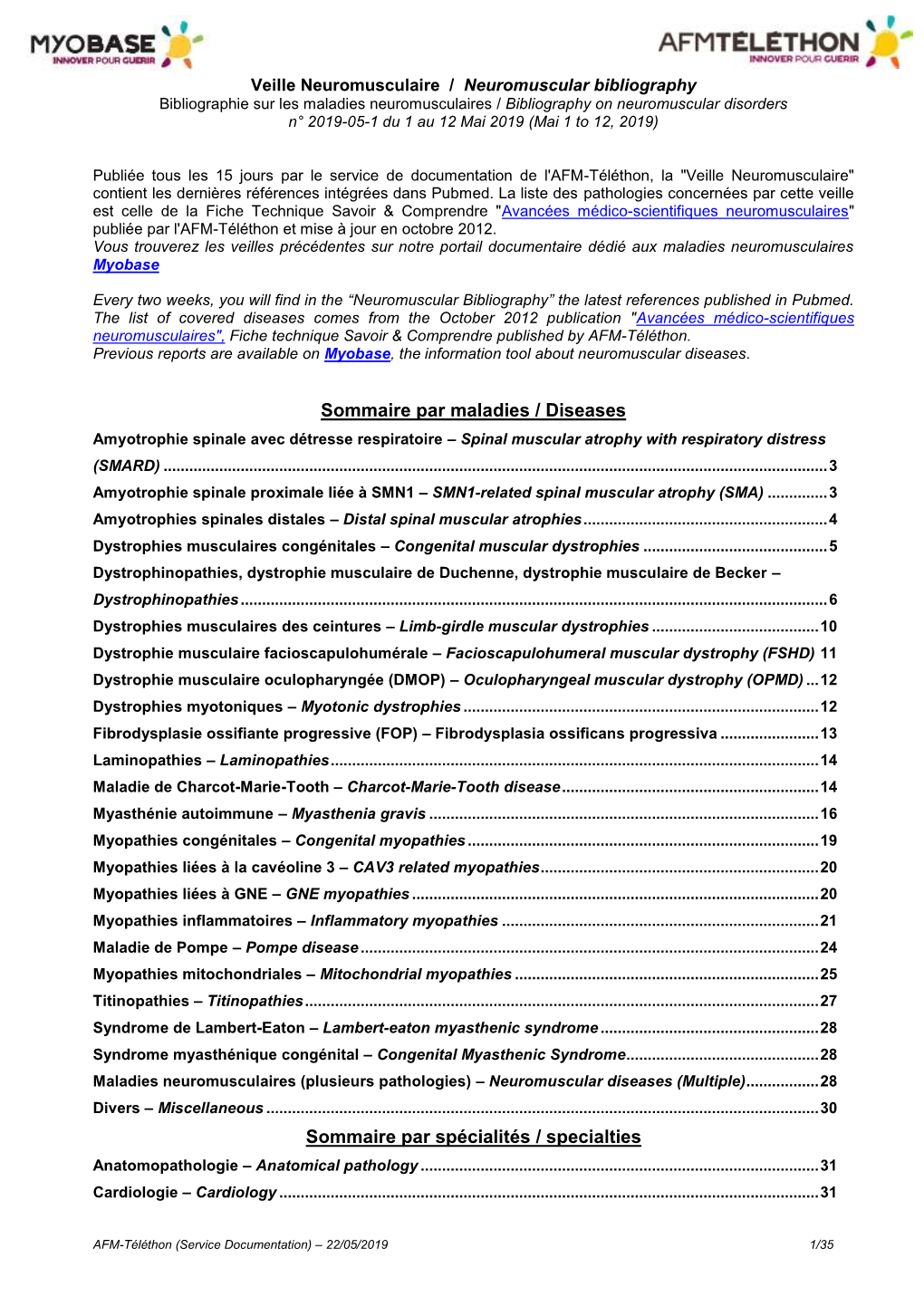 Sommaire Par Maladies / Diseases Sommaire Par Spécialités / Specialties