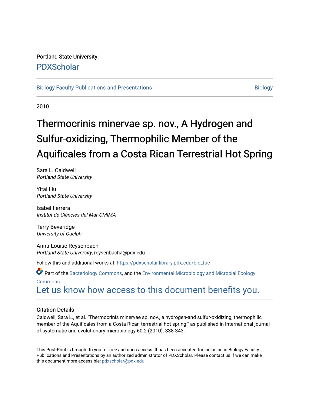 Thermocrinis Minervae Sp. Nov., a Hydrogen and Sulfur-Oxidizing, Thermophilic Member of the Aquificales from a Costa Rican Terrestrial Hot Spring