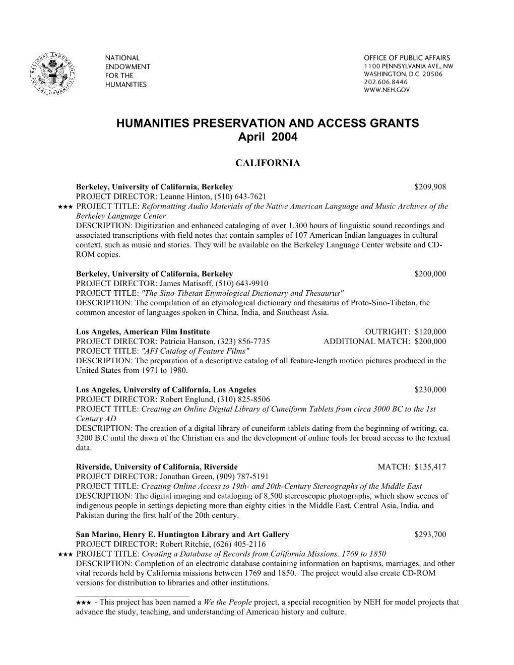 Humanities Preservation and Access Grants, April 2004