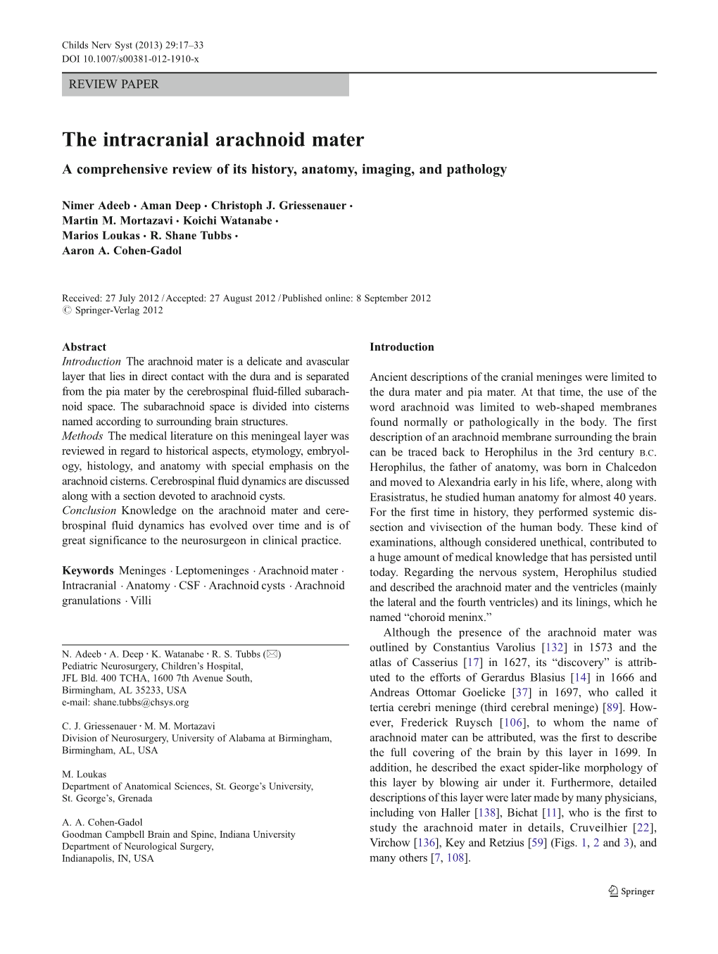 The Intracranial Arachnoid Mater a Comprehensive Review of Its History, Anatomy, Imaging, and Pathology