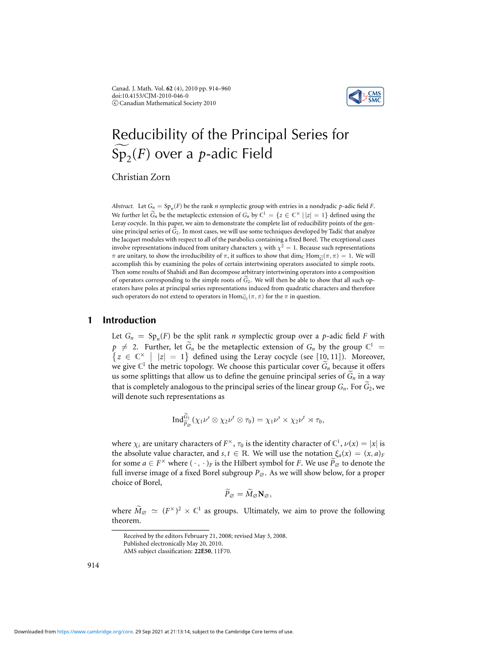 Reducibility of the Principal Series for ˜ Sp