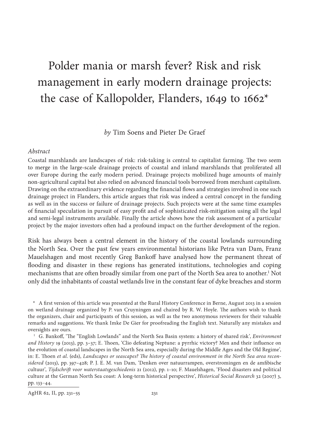 Polder Mania Or Marsh Fever? Risk and Risk Management in Early Modern Drainage Projects: the Case of Kallopolder, Flanders, 1649 to 1662*