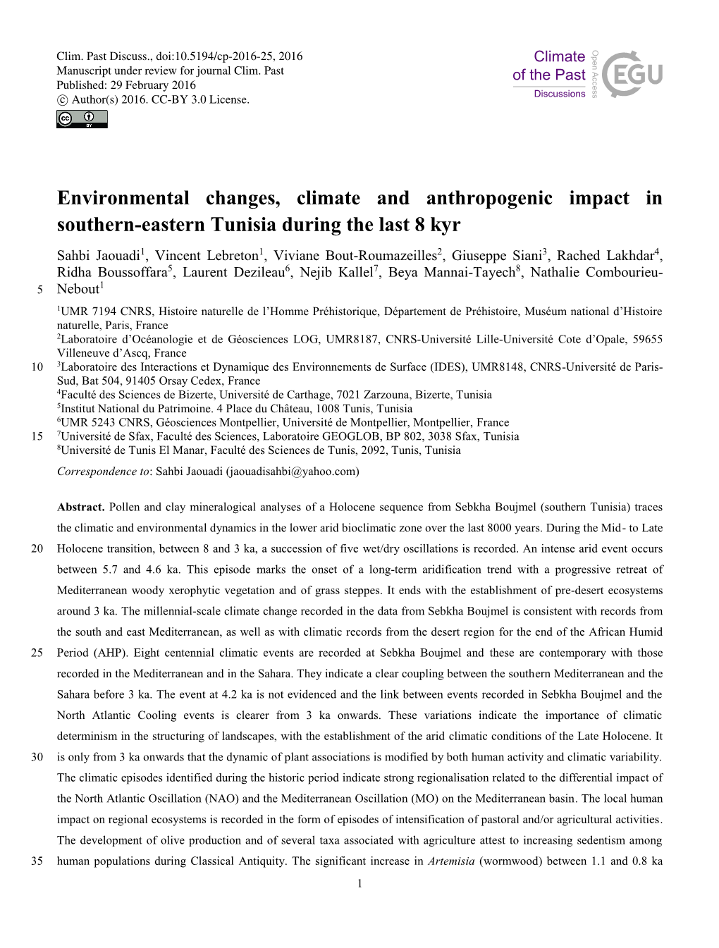 Environmental Changes, Climate and Anthropogenic Impact in Southern