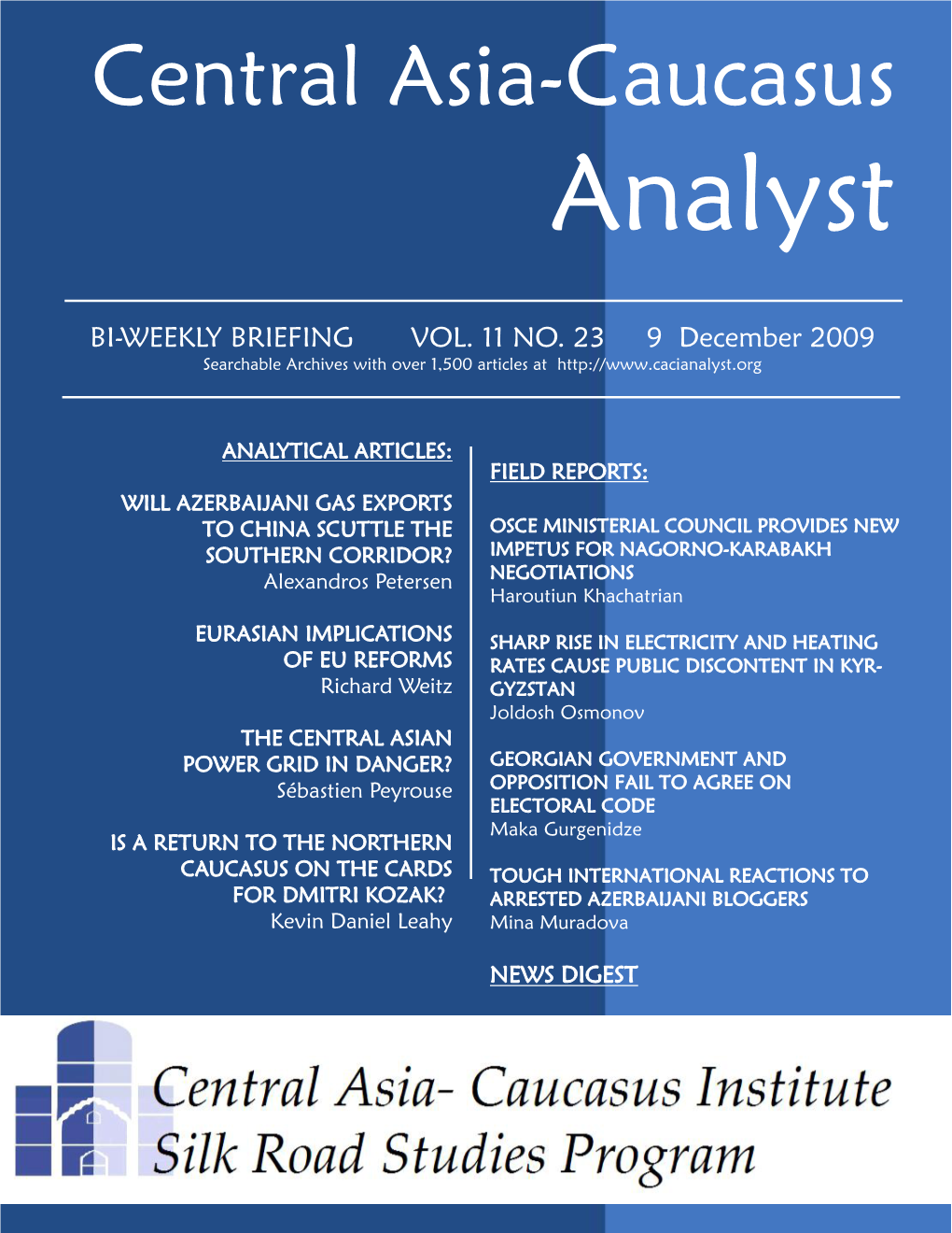 Central Asia-Caucasus Analyst Vol 11, No 23