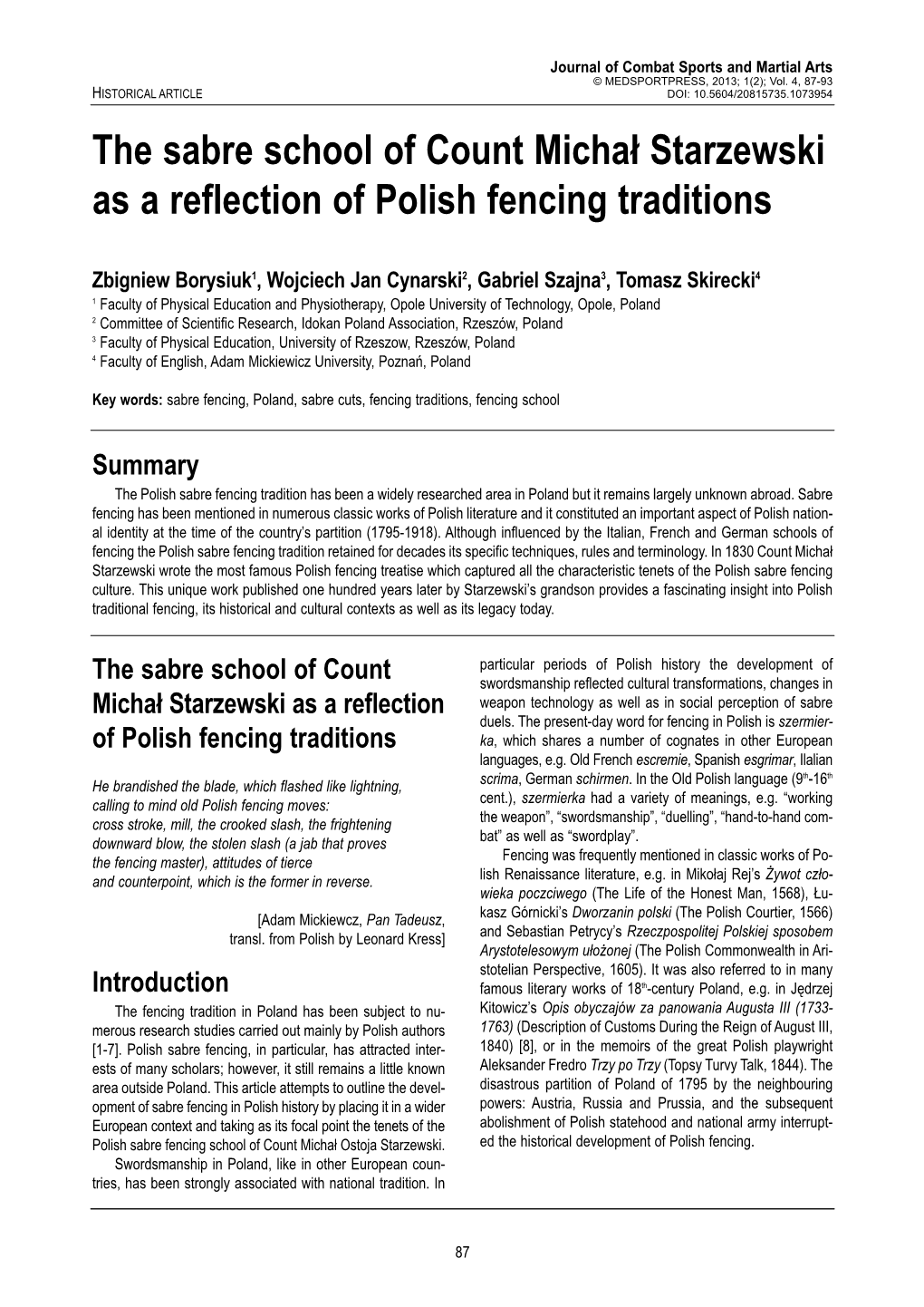 Count Michał Ostoja Starzewski and His Fencing Treatise