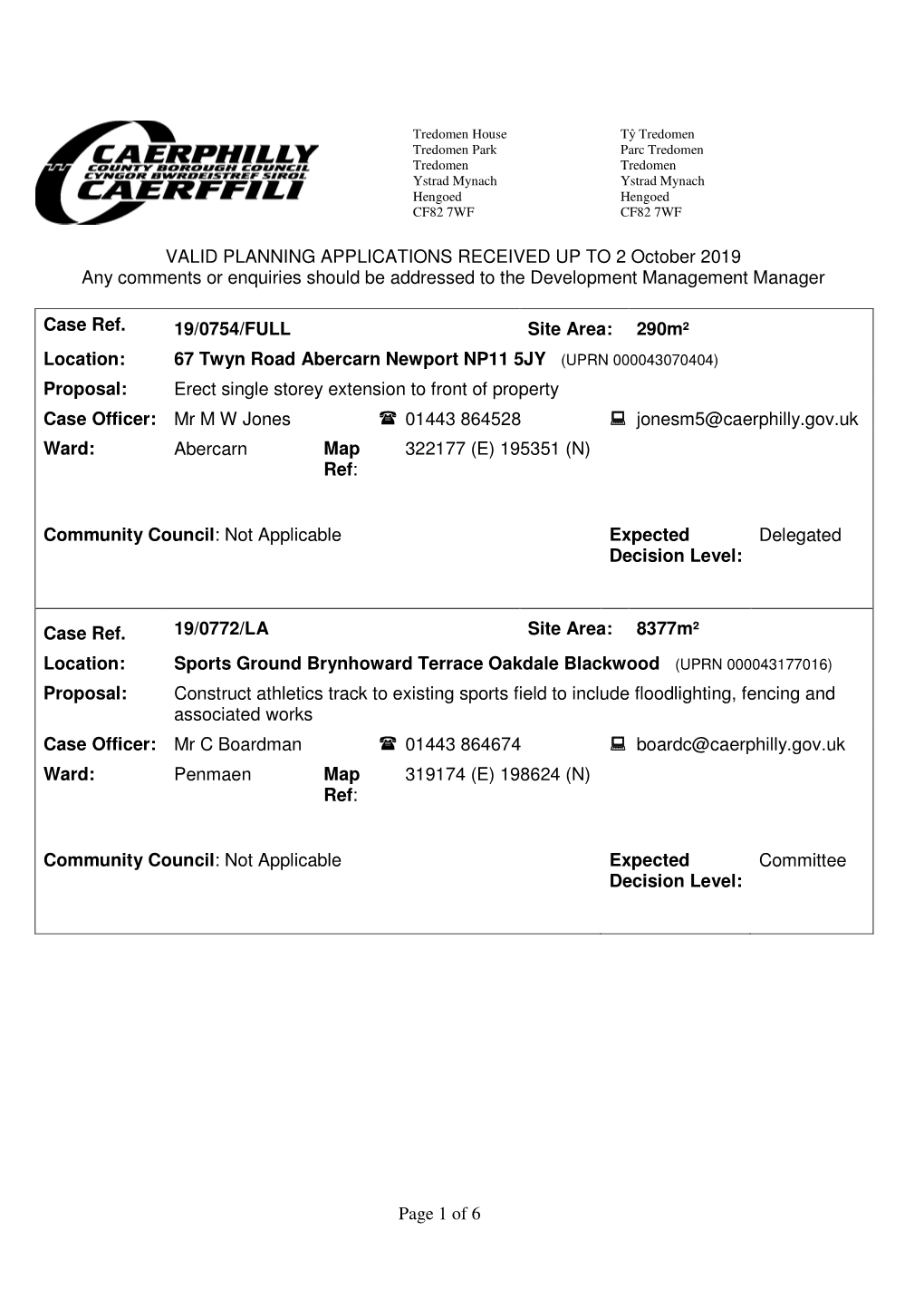 Page 1 of 6 VALID PLANNING APPLICATIONS RECEIVED up to 2 October 2019 Any Comments Or Enquiries Should Be Addressed to the Devel