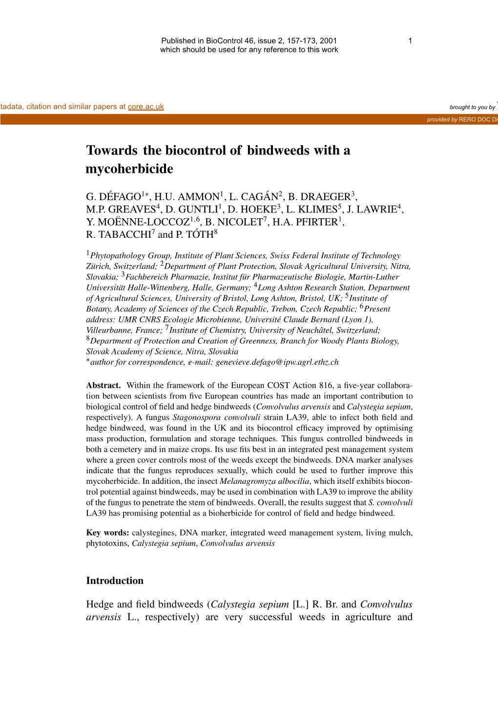 Towards the Biocontrol of Bindweeds with a Mycoherbicide