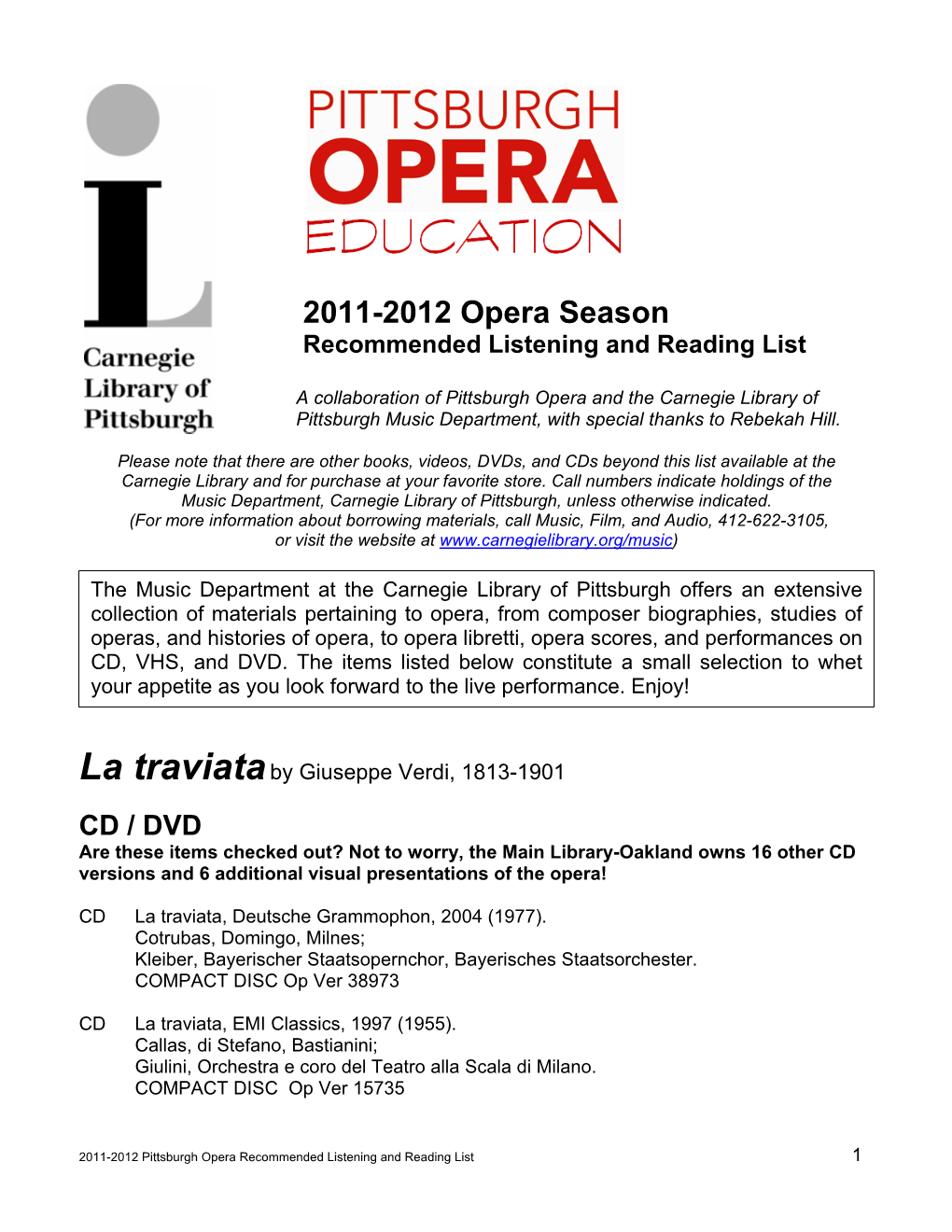 2011-2012 Opera Season Recommended Listening and Reading List