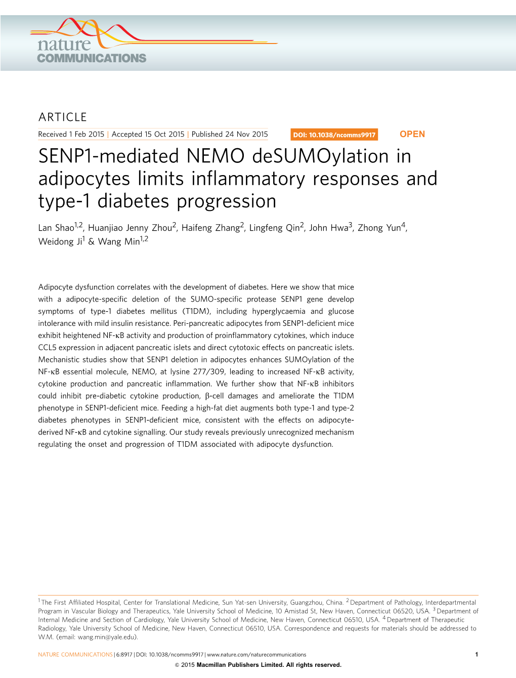 SENP1-Mediated NEMO Desumoylation in Adipocytes Limits Inflammatory Responses and Type-1 Diabetes Progression