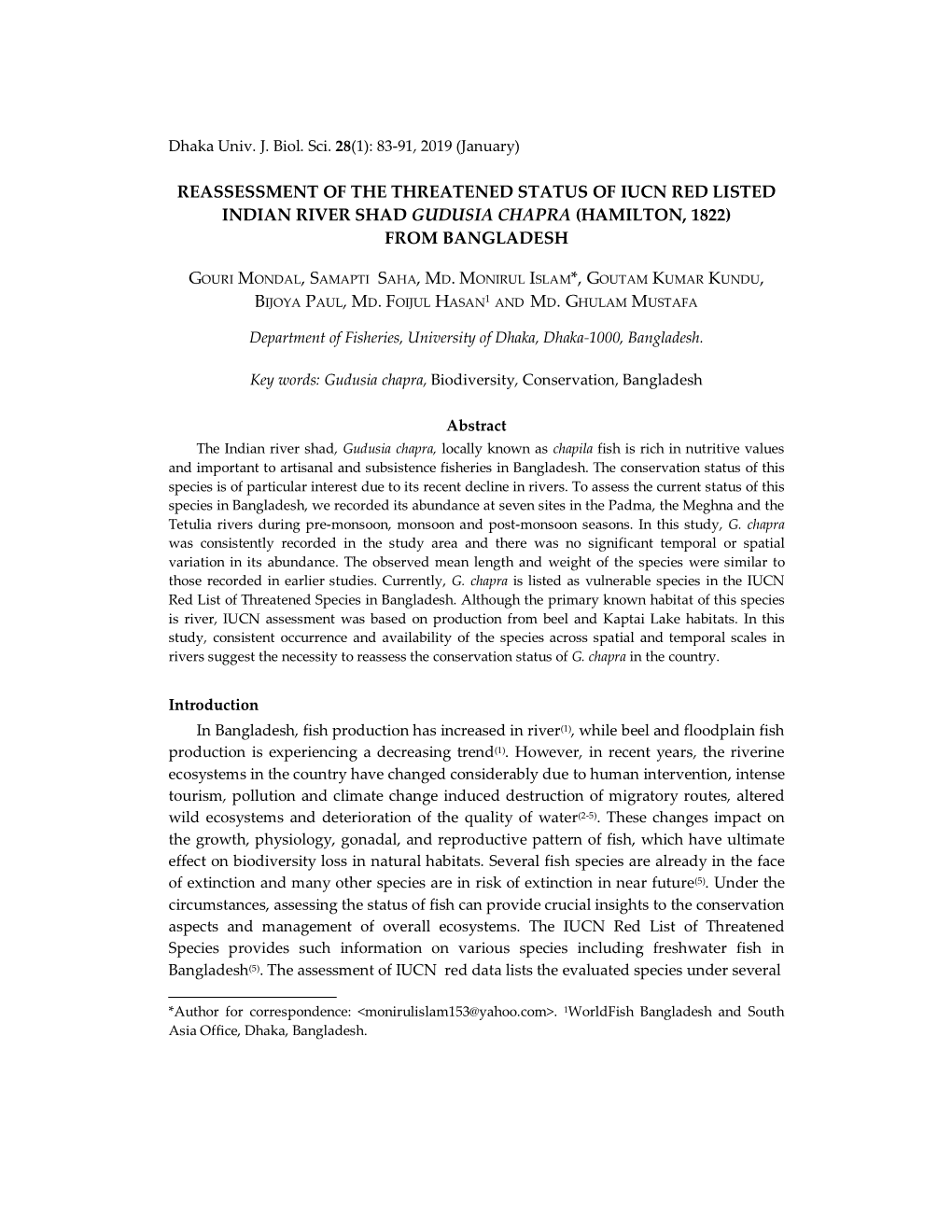 Reassessment of the Threatened Status of Iucn Red Listed Indian River Shad Gudusia Chapra (Hamilton, 1822) from Bangladesh