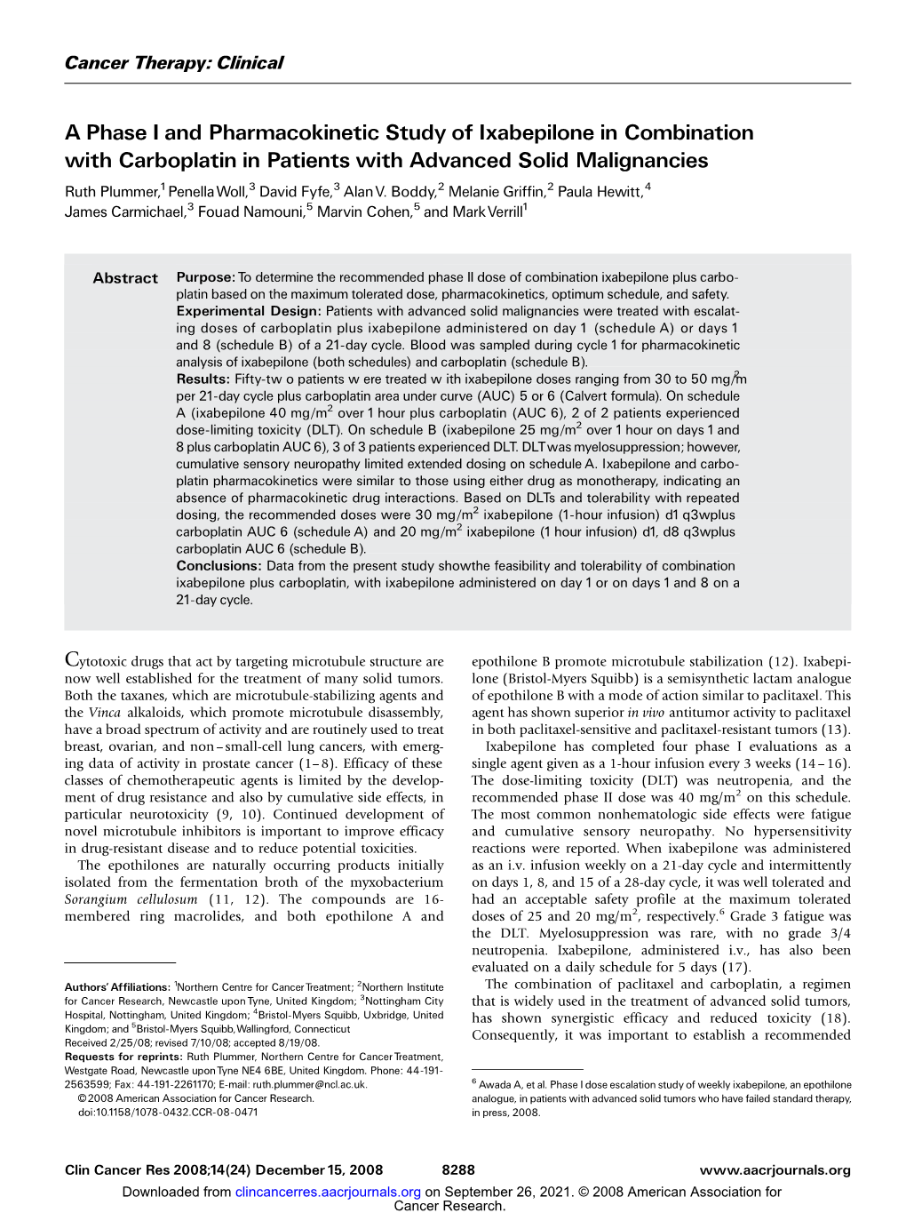 A Phase I and Pharmacokinetic Study of Ixabepilone in Combination With